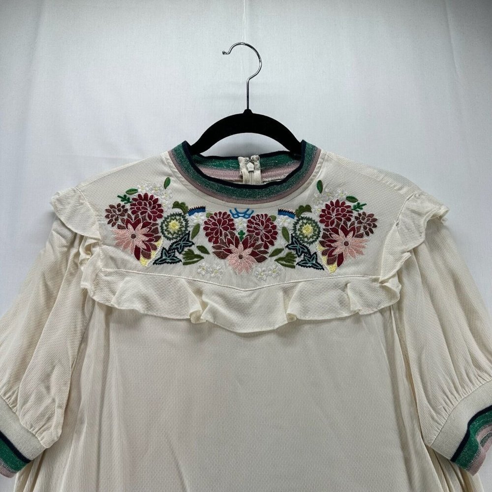 A Picture's Worth Top Womens L Embroidered Ruffled Yoke Short Sleeve Off White - Picture 3 of 11